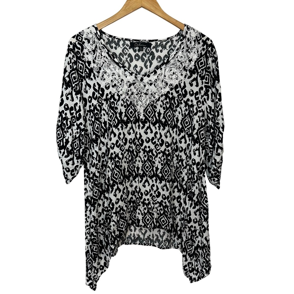 Calessa Pullover Blouse Womens Large Black White Scarf Hem Roll Tab Sleeve Top